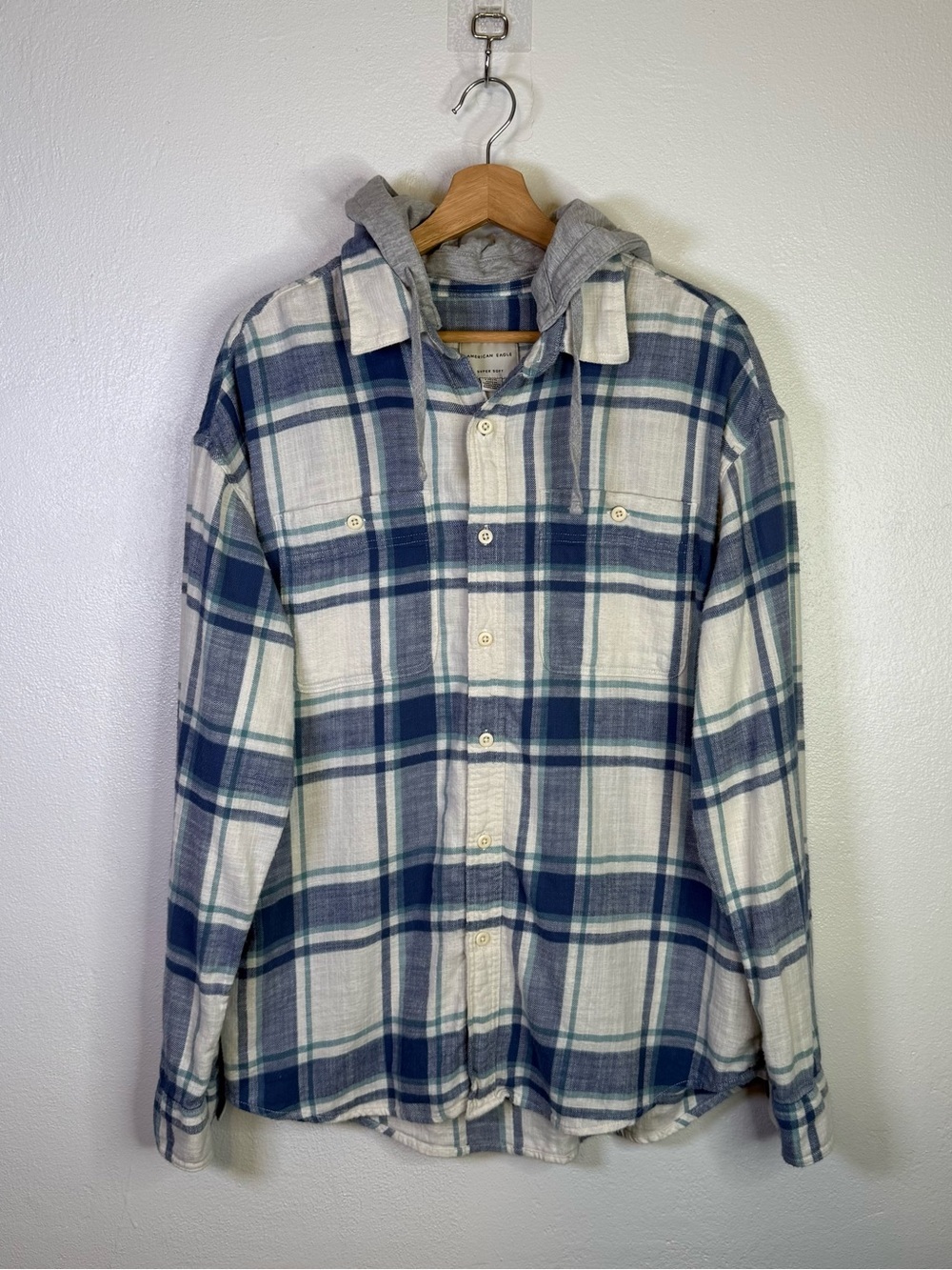American Eagle Men’s Blue Plaid Cotton Flannel Hooded Button-up Shirt Size Large